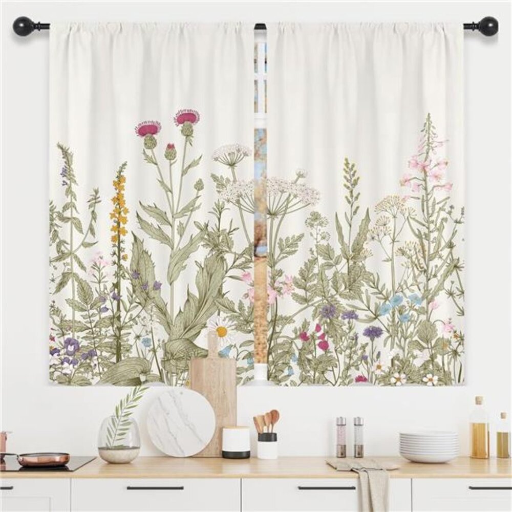 Floral Kitchen Curtains Small Wildflower Cafe Curtains Green Leaves Plant